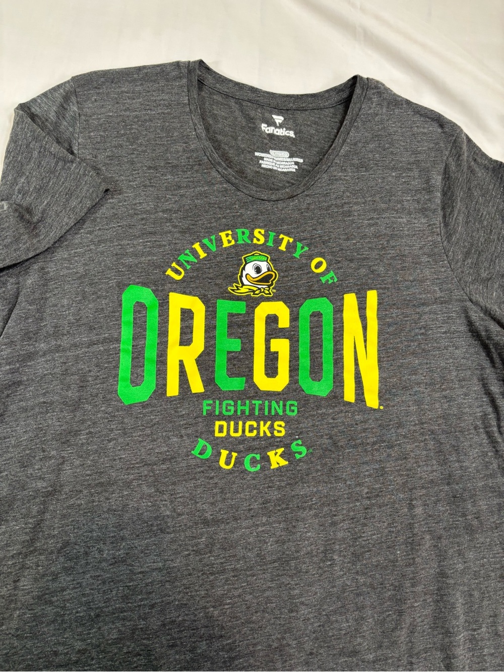 Fanatics Gray Short Sleeve Tee with Green and Yellow Oregon Graphic